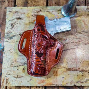 Floral Hand-Carved OWB Leather Holster &ndash; Premium Full Grain Handmade Gun Holster with Thumb Break