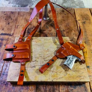 Horizontal Shoulder Leather Holster with Double Magazine Pouch &ndash; Handmade Premium Holster System with Thumb Break