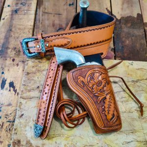 Western Cowboy Leather Gun Belt & Holster Rig – Handmade Floral Carved Full Grain Holster with Bullet Loops