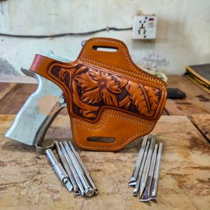 Floral Hand-Carved Leather Holster &ndash; Premium Handmade Full Grain Gun Holster with Thumb Break