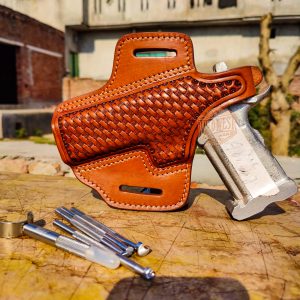 Basket Weave Hand-Carved OWB Leather Holster &ndash; Premium Handmade Full Grain Gun Holster with Thumb Break